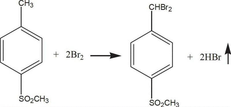 Chemical equation showing the bromination of p-methylsulfonyltoluene to p-methylsulfonyldibromotoluene using 2Br2