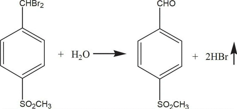 Chemical equation showing the hydrolysis of p-methylsulfonyldibromotoluene to P-Methylsulfonylbenzaldehyde using water