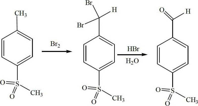 Reaction scheme showing the bromination of p-methylsulfonyltoluene to dibromide intermediate and subsequent hydrolysis to p-methylsulfurylbenzaldehyde