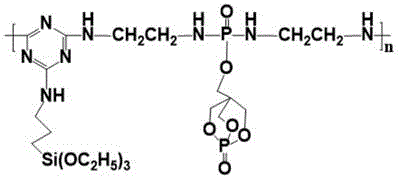 Specific chemical structure of the P-N-Si flame retardant from Example 1 showing the triazine and cage linkage