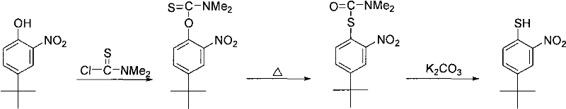 Conventional synthesis route converting p-tert-butyl o-nitrophenol to thiol via complex intermediates