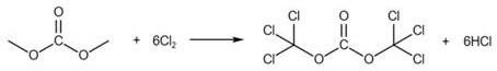 Chemical reaction showing the chlorination of dimethyl carbonate with chlorine gas to form bis(trichloromethyl) carbonate and hydrogen chloride