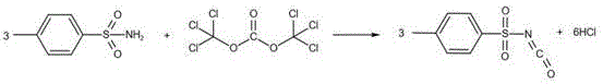 Reaction equation depicting the coupling of p-toluenesulfonamide with the activated carbonate intermediate to produce p-toluenesulfonyl isocyanate