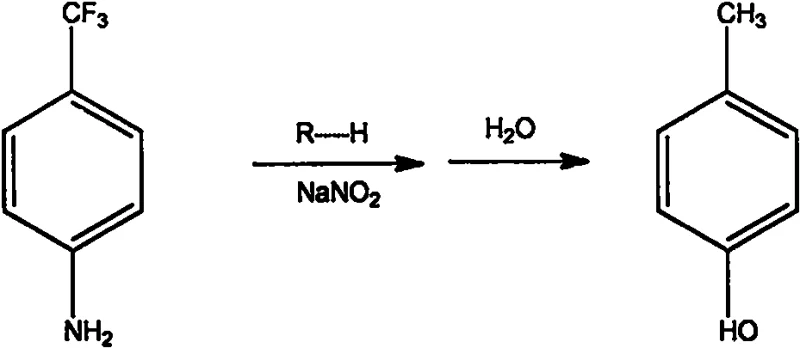 Reaction scheme showing the conversion of p-trifluoromethylaniline to p-trifluoromethylphenol via diazotization using cation exchange resin and sodium nitrite