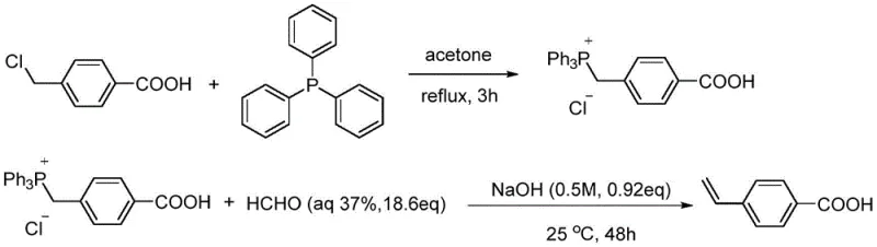 Conventional Wittig reaction route for p-vinylbenzoic acid synthesis showing low yield and high waste