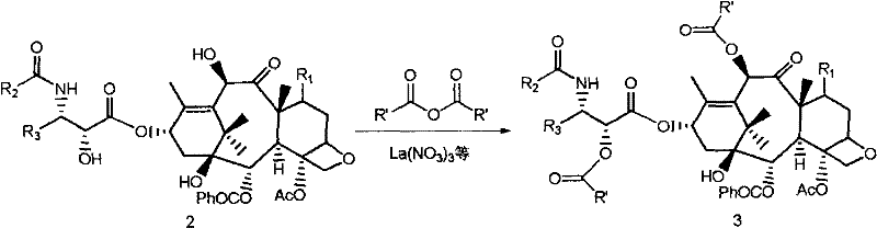 Reaction scheme for simultaneous acylation of C(10) and C(2') positions on 10-deacetyl-taxanes