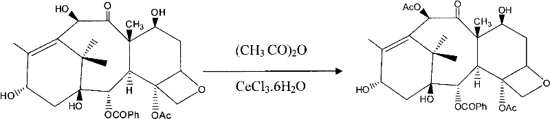 Chemical reaction equation showing CeCl3 catalyzed acetylation of 10-DAB to Baccatin III