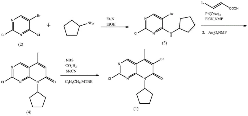 Prior art synthesis route showing high palladium loading and organic amine usage