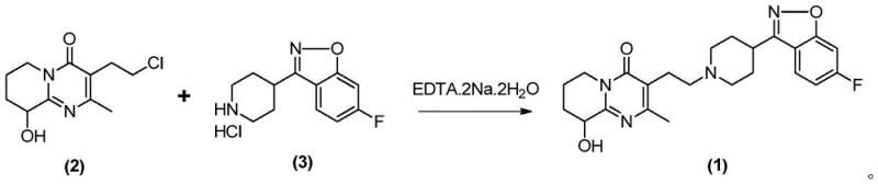Reaction scheme showing the coupling of Compound 2 and Compound 3 to form Paliperidone (Compound 1) using EDTA additive