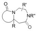 General structural formula of penta-hepta-homopiperazinone derivatives showing variable R groups