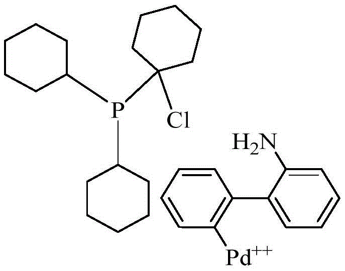 Chemical structure of Chloro[(tricyclohexylphosphine)-2-(2-aminobiphenyl)]palladium(II) showing the Pd center coordinated to the biphenyl backbone and phosphine ligand