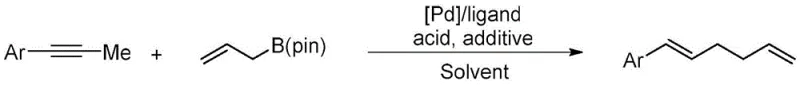 General reaction scheme for Pd-catalyzed synthesis of 1,5-dienes from arylpropynes and allyl boron esters
