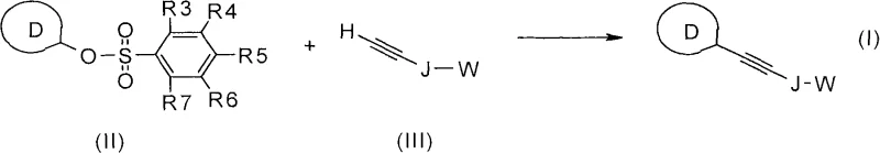General reaction scheme showing the palladium-catalyzed coupling of heteroaryl tosylates (Formula II) with terminal alkynes (Formula III) to produce heteroaryl alkynes (Formula I)