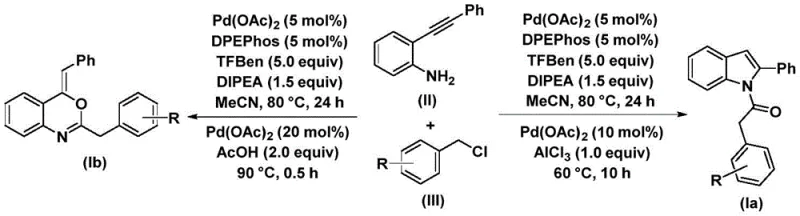 Divergent synthesis scheme showing selective formation of Indole (Ia) and Benzoxazine (Ib) compounds