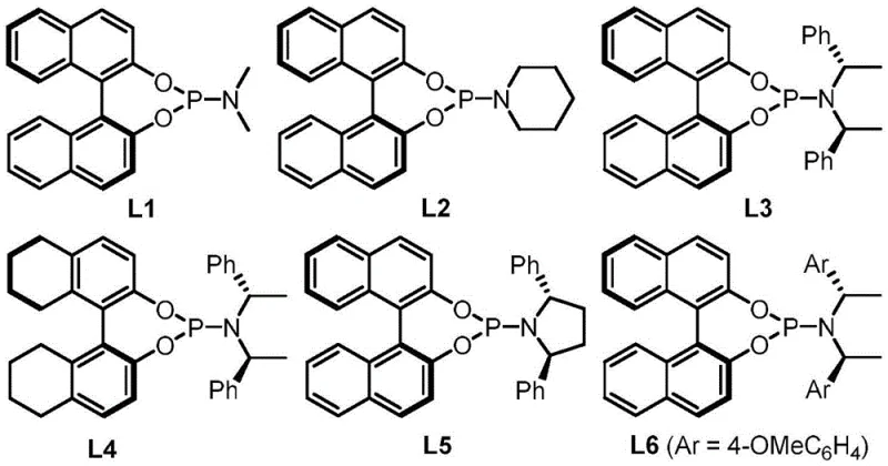 Structures of chiral phosphine ligands L1 through L6 used in the catalytic system