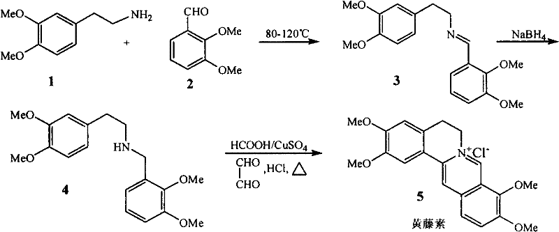 Overall reaction scheme showing the 3-step synthesis of Palmatine from dimethoxyphenethylamine and dimethoxybenzaldehyde