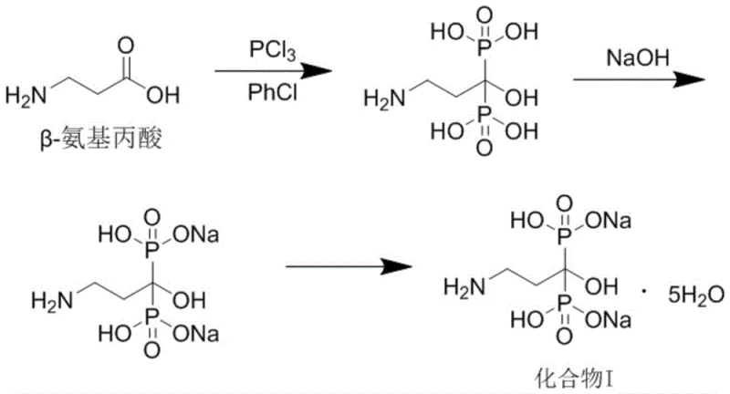Prior art synthesis route using chlorobenzene solvent highlighting toxicity and separation issues