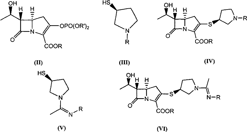 Reaction scheme showing the conversion of Ketone to Compound II, then to Compound VI, and finally to Panipenem I