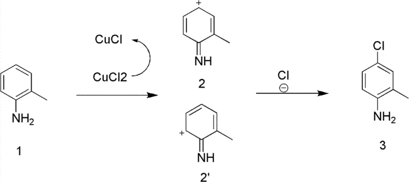Reaction mechanism showing Cu2+ oxidation of the benzene ring and subsequent chloride attack