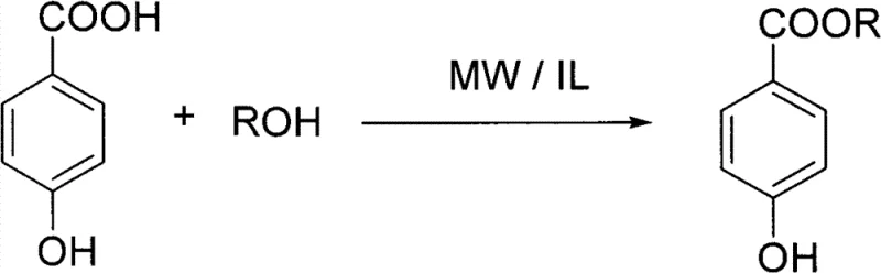 General reaction scheme for the synthesis of paraben esters from p-hydroxybenzoic acid and alcohols