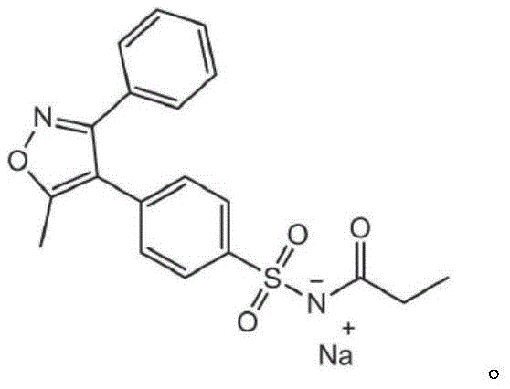 Chemical structure of Parecoxib Sodium showing the sulfonamide and isoxazole moieties