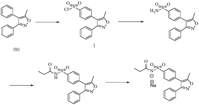 Complete synthetic route from SM1 to Parecoxib Sodium via sulfonation, amination, acylation and salification