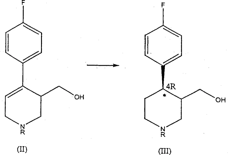 Asymmetric hydrogenation reaction converting tetrahydropyridine (II) to 4R-enriched piperidine (III)
