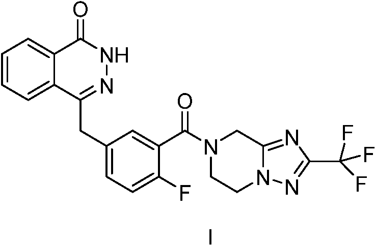 Chemical structure of the target PARP inhibitor Formula I showing the complex triazole-piperazine moiety