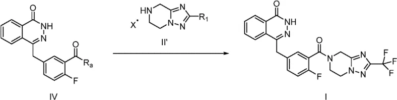 General reaction scheme showing the coupling of intermediate Formula II' with acid Formula IV to produce the final PARP inhibitor Formula I