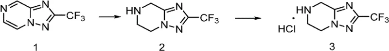 Detailed reaction scheme of Example 1 showing hydrogenation of compound 1 to compound 3 via salt formation with HCl