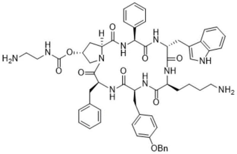 Chemical structure of Pasireotide showing the cyclic peptide backbone and side chains