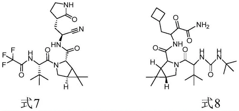 Chemical structures of Paxlovid (Formula 7) and Boceprevir (Formula 8) showing the shared intermediate scaffold
