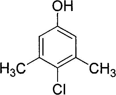 Chemical structure of 1-hydroxyl-3,5-dimethyl-4-chlorobenzene (PCMX) showing the para-chloro substitution pattern