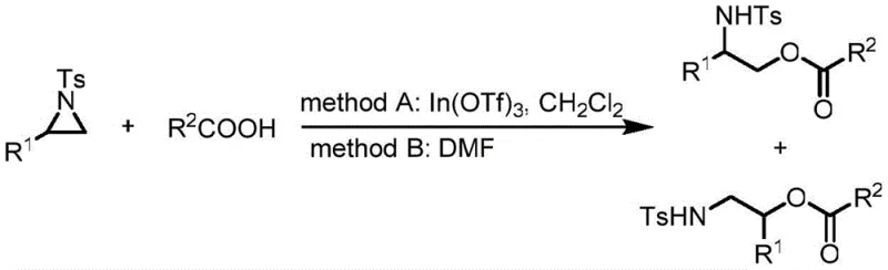 Prior art reaction showing Ts-protected aziridine ring opening with limited regioselectivity