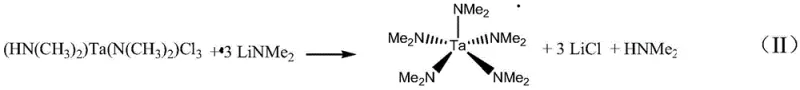 Reaction mechanism showing the conversion of bis(dimethylamino)tantalum trichloride intermediate to pentakis(dimethylamino)tantalum using lithium dimethylamide