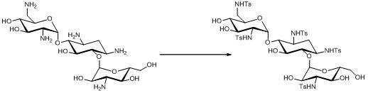 Reaction scheme for the synthesis of 1,3,2’,6’,3’’-penta-N-p-toluenesulfonyl kanamycin B from Kanamycin B using p-toluenesulfonyl chloride