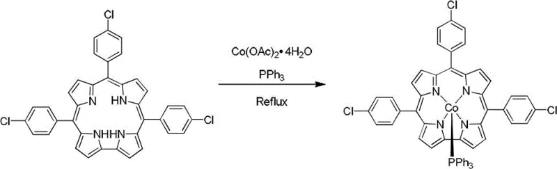Synthetic route for tris(4-chlorophenyl)corrole cobalt triphenylphosphine complex showing reflux in methanol