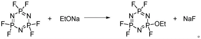 Etherification of hexafluorocyclotriphosphazene with sodium ethoxide to yield pentafluoroethoxy cyclotriphosphazene