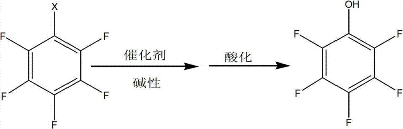 Reaction scheme showing catalytic hydrolysis of pentafluorohalobenzene to pentafluorophenol