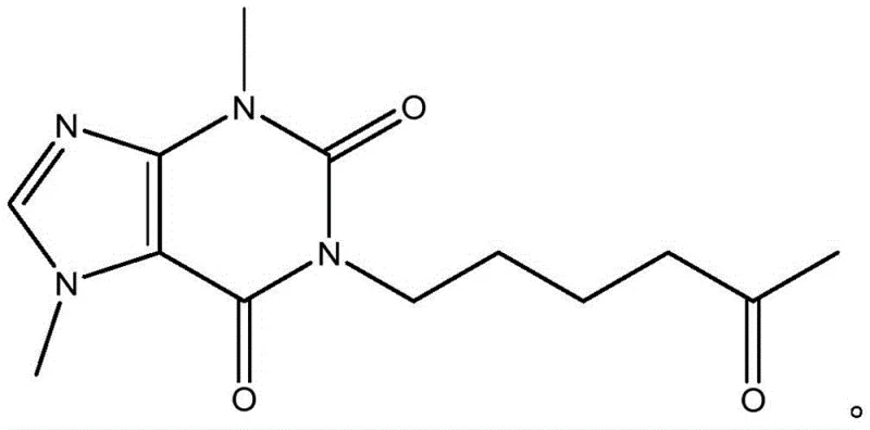 Chemical structure of Pentoxifylline showing the 3,7-dimethyl-1-(5-oxohexyl)-1H-purine-2,6-dione core