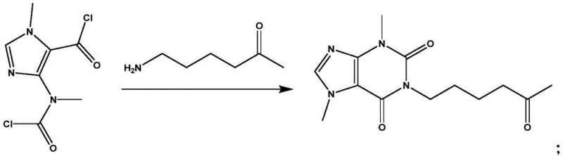 Reaction scheme showing the one-step condensation of the imidazole dichloride and amino-hexanone to form pentoxifylline