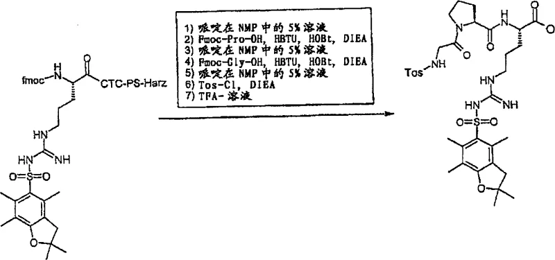Solid phase synthesis sequence showing loading of Arginine, coupling of Proline and Glycine, and subsequent Tosylation