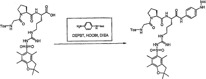 Solution phase coupling of the cleaved peptide intermediate with Boc-protected p-aminoaniline