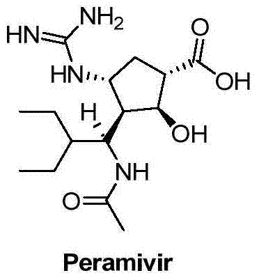 Chemical structure of Peramivir showing complex stereochemistry and functional groups