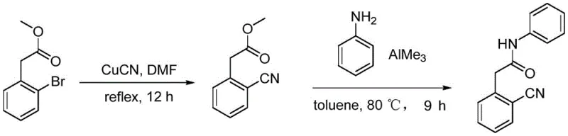 Prior art route utilizing toxic cuprous cyanide and pyrophoric trimethyl aluminum