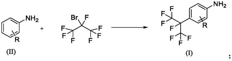 General reaction scheme showing the synthesis of perfluoroalkyl substituted aniline from aniline derivatives and 2-bromoheptafluoropropane