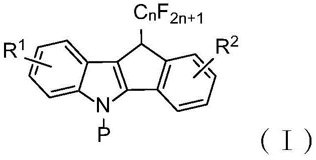 General chemical structure of 10-perfluoroalkyl-5,10-dihydroindeno[1,2-b]indole compounds showing variable R groups and perfluoroalkyl chains
