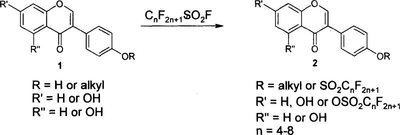 General reaction scheme showing the conversion of hydroxyisoflavone to perfluoroalkylsulfonyl isoflavone using perfluoroalkylsulfonyl fluoride and base