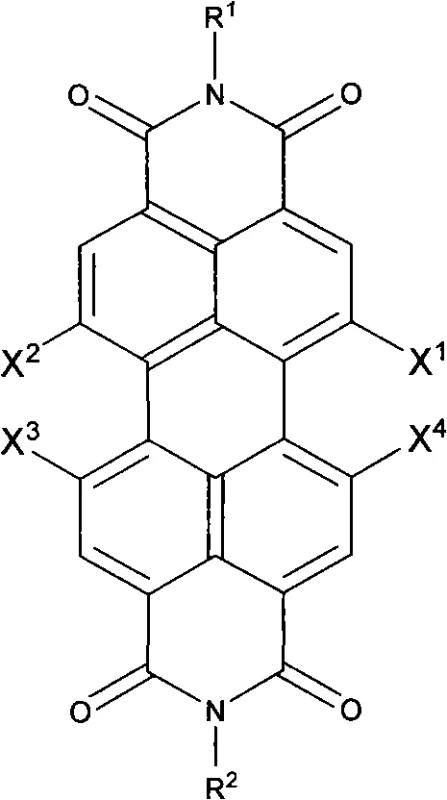 General chemical structure of perfluoroalkyl-substituted perylene-3,4:9,10-tetracarboxylic acid diimides showing variable R and X groups