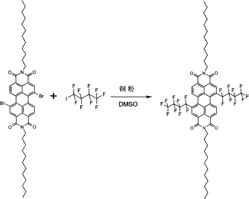 Reaction scheme for synthesizing 1,7-bis(nonafluoro-n-butyl)-N,N'-bis(n-dodecyl)-perylene diimide using copper powder catalysis